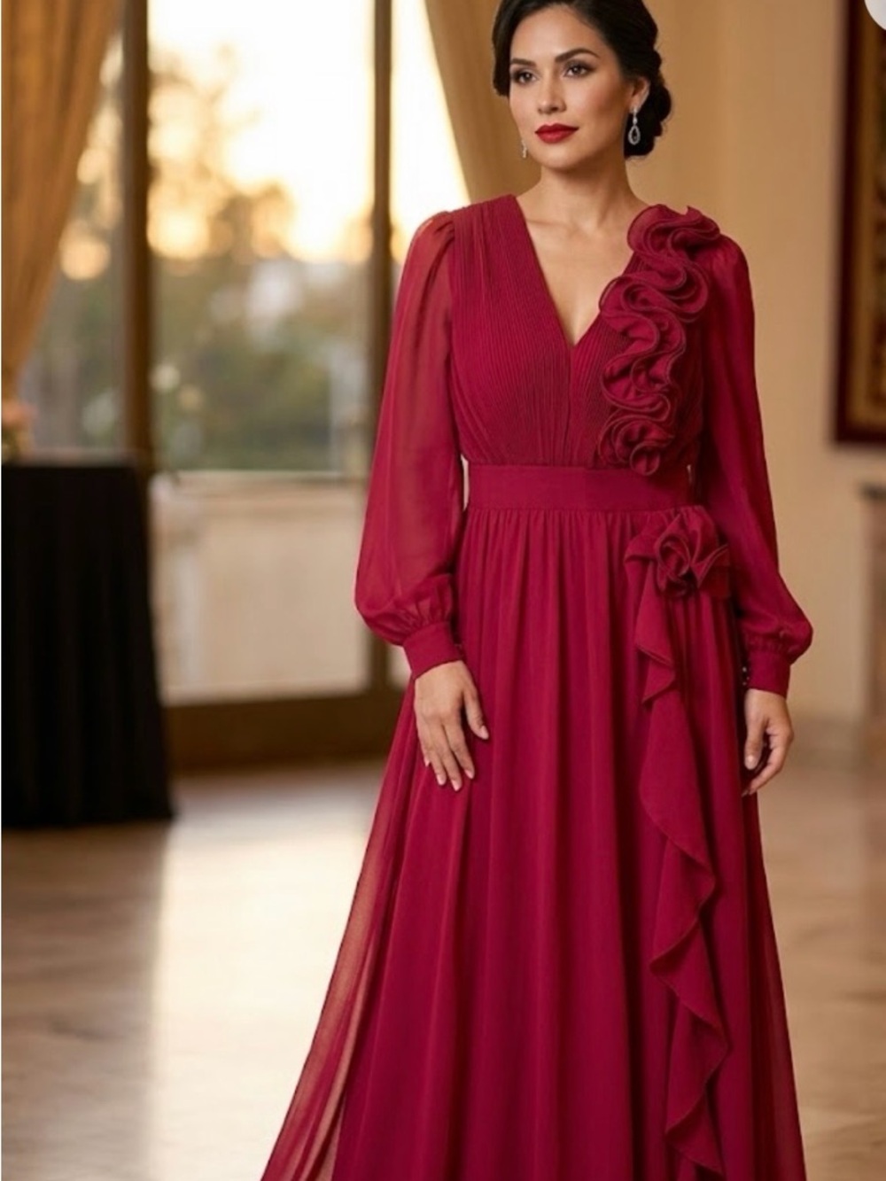 Women's Red Ruffle V-Neck Maxi Dress